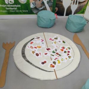 Grande assiette en carton avec des couverts en cartons et des images d'aliments